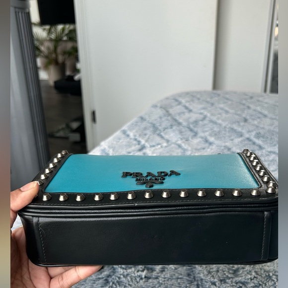 Prada Glace Turchese Nero with Studs Blue Leather Shoulder Bag. - Picture 5 of 8